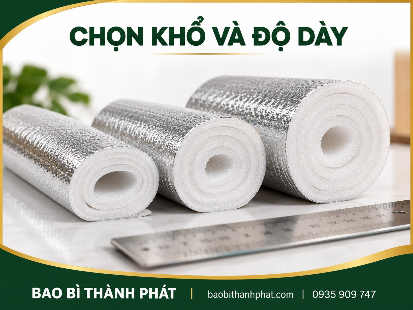 Các cuộn PE Foam mặt bạc và dụng cụ đối chiếu kích thước