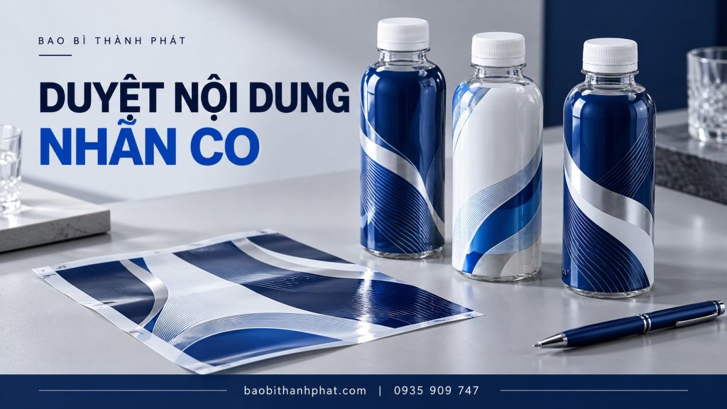 Đặt in nhãn co Đà Nẵng: ai duyệt nội dung trước in? 1 Bộ chai mẫu và bản nhãn co xanh dương cùng thông tin Bao Bì Thành Phát