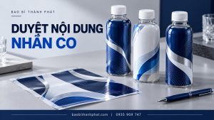 Bộ chai mẫu và bản nhãn co xanh dương cùng thông tin Bao Bì Thành Phát