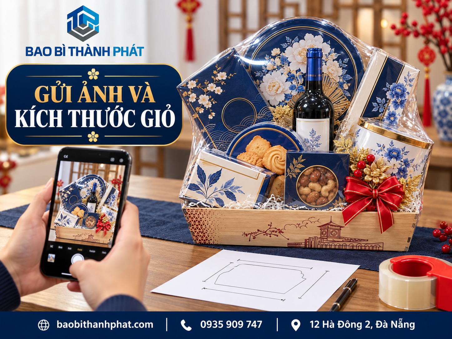 Điện thoại chụp giỏ quà hoàn thiện cạnh phiếu ghi quy cách để hỏi mẫu túi.