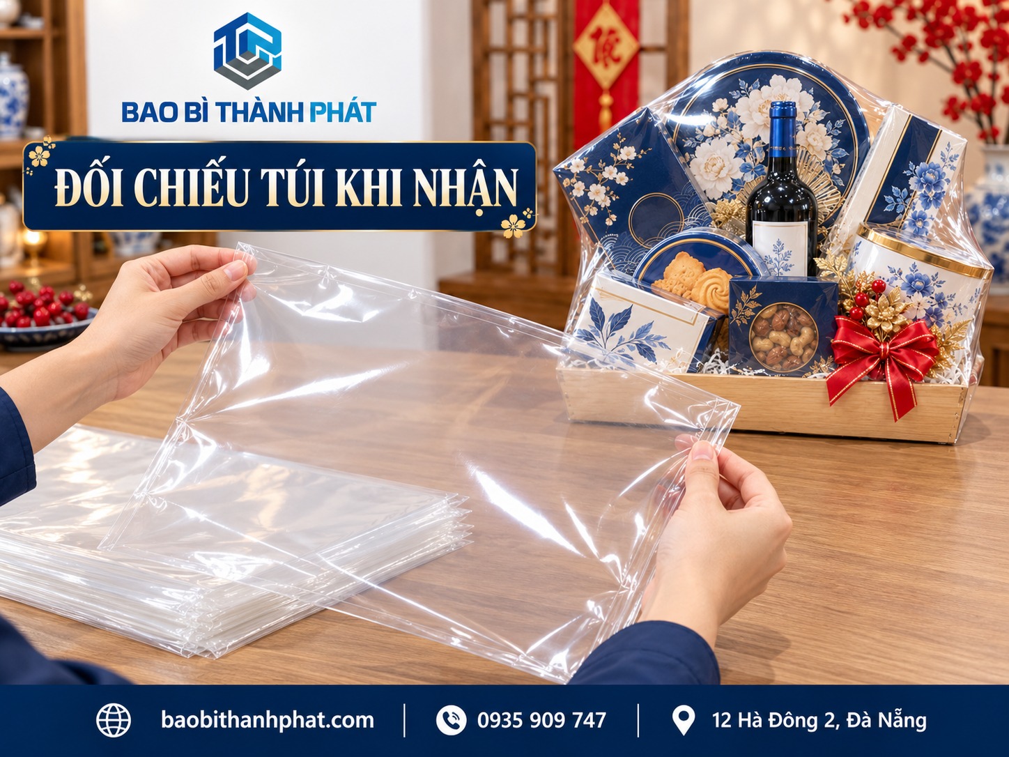Hai tay cầm túi màng trong rỗng để đối chiếu mẫu trước khi dùng.
