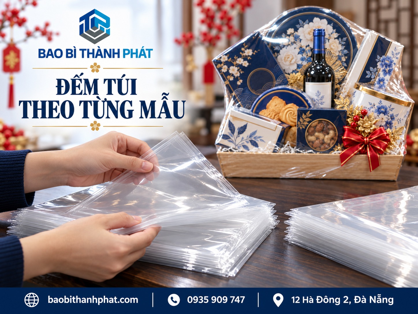 Tay đếm từng túi màng trong rỗng trong xấp, giỏ quà hoàn thiện ở phía sau.