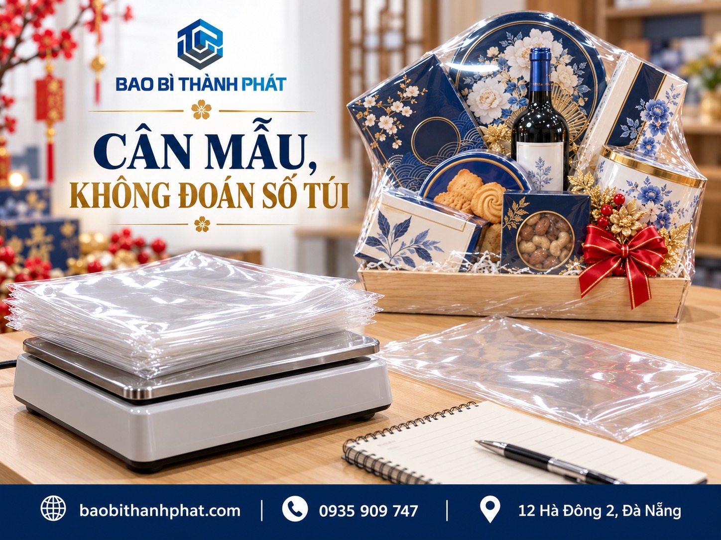 Xấp túi màng trong rỗng trên cân có màn hình khuất, cạnh giỏ quà mẫu.
