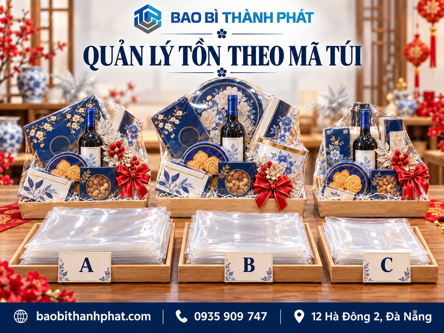 Ba xấp túi rỗng phân mã A, B, C đặt trước ba mẫu giỏ quà đã bọc.