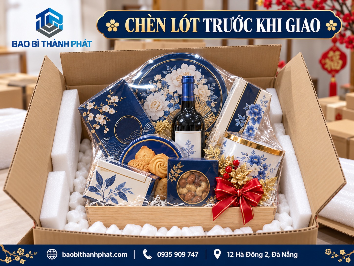 Đóng giỏ quà Tết doanh nghiệp: phối màng co, chèn lót và thùng ngoài 3 Giỏ quà đã co màng được đặt thẳng trong thùng carton có lớp chèn trắng bao quanh.