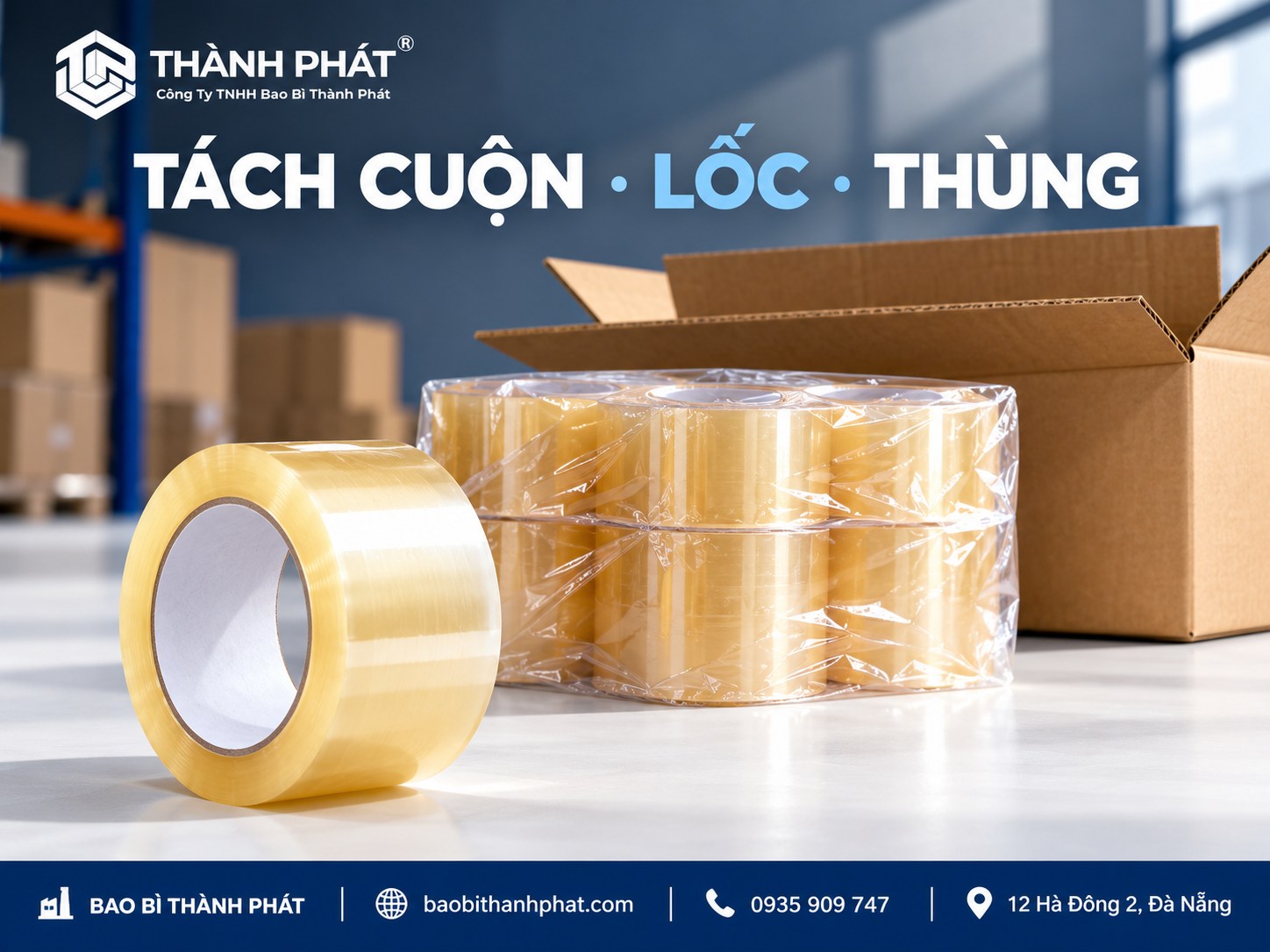 Mua sỉ băng keo Đà Nẵng: so báo giá theo khổ, mét và lốc 4 Một cuộn băng keo, một lốc bọc và thùng carton ngoài