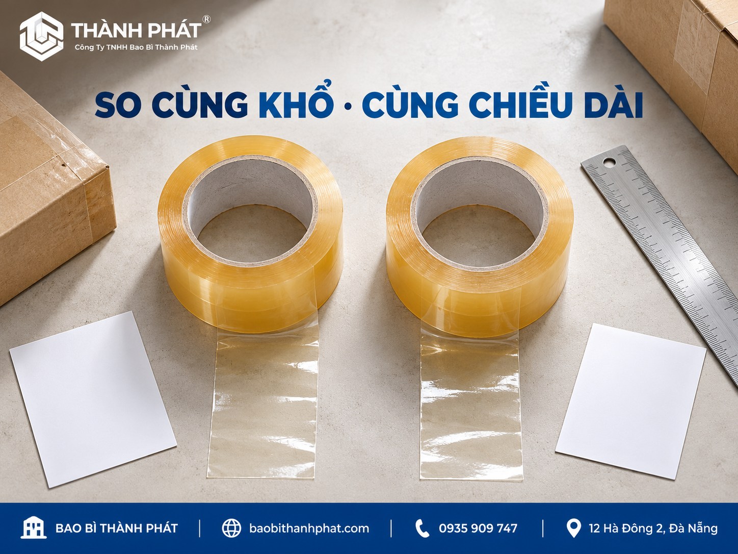 Mua sỉ băng keo Đà Nẵng: so báo giá theo khổ, mét và lốc 3 Hai cuộn băng trong đặt cạnh thước và phiếu quy cách