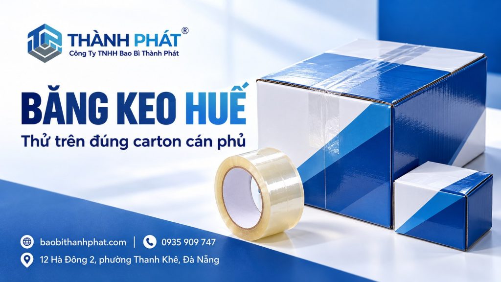 Cuộn băng keo trong cạnh thùng carton xanh trắng có bề mặt bóng