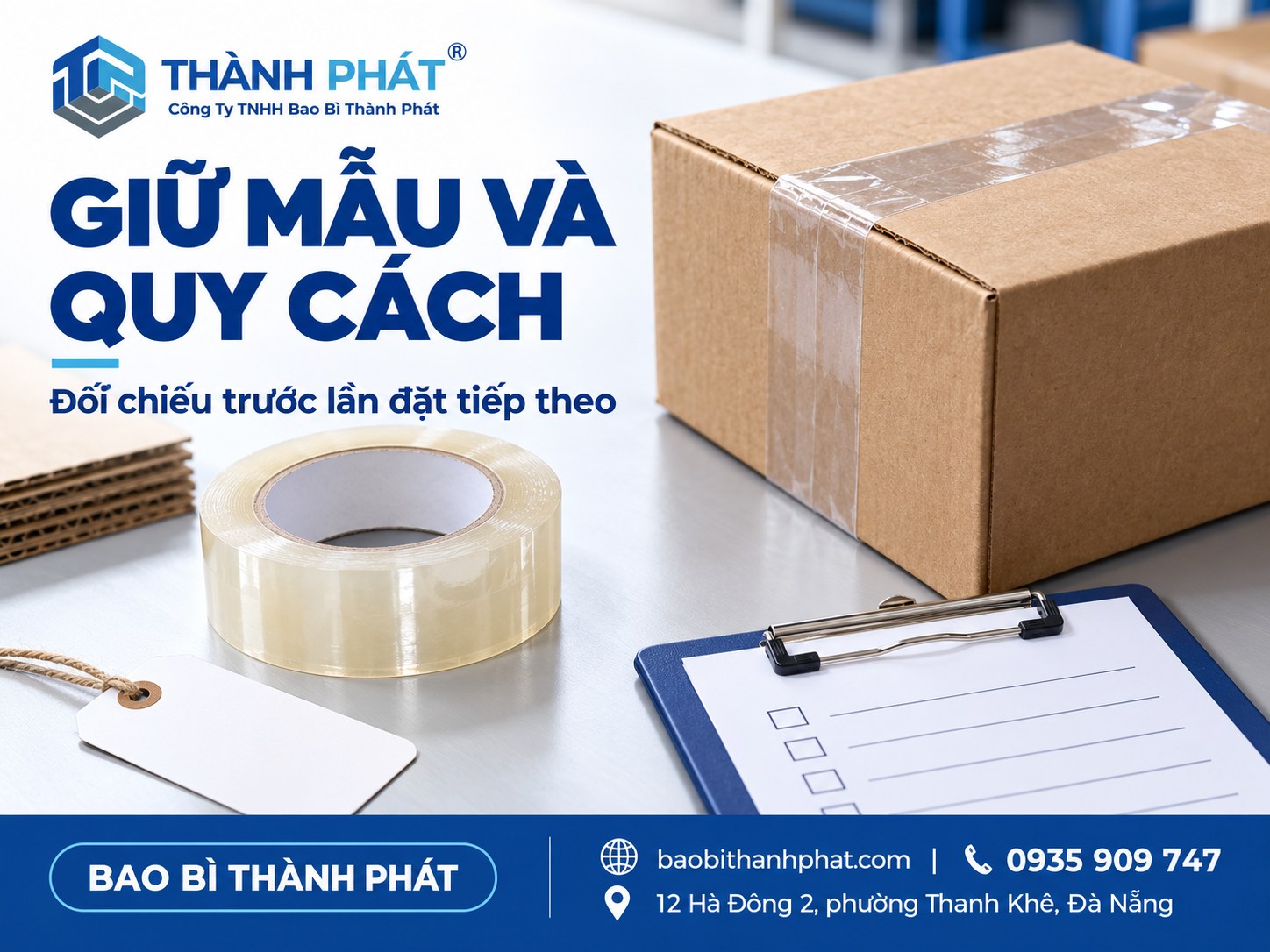 Cuộn băng trong, mẫu carton và phiếu đối chiếu để trống trên bàn
