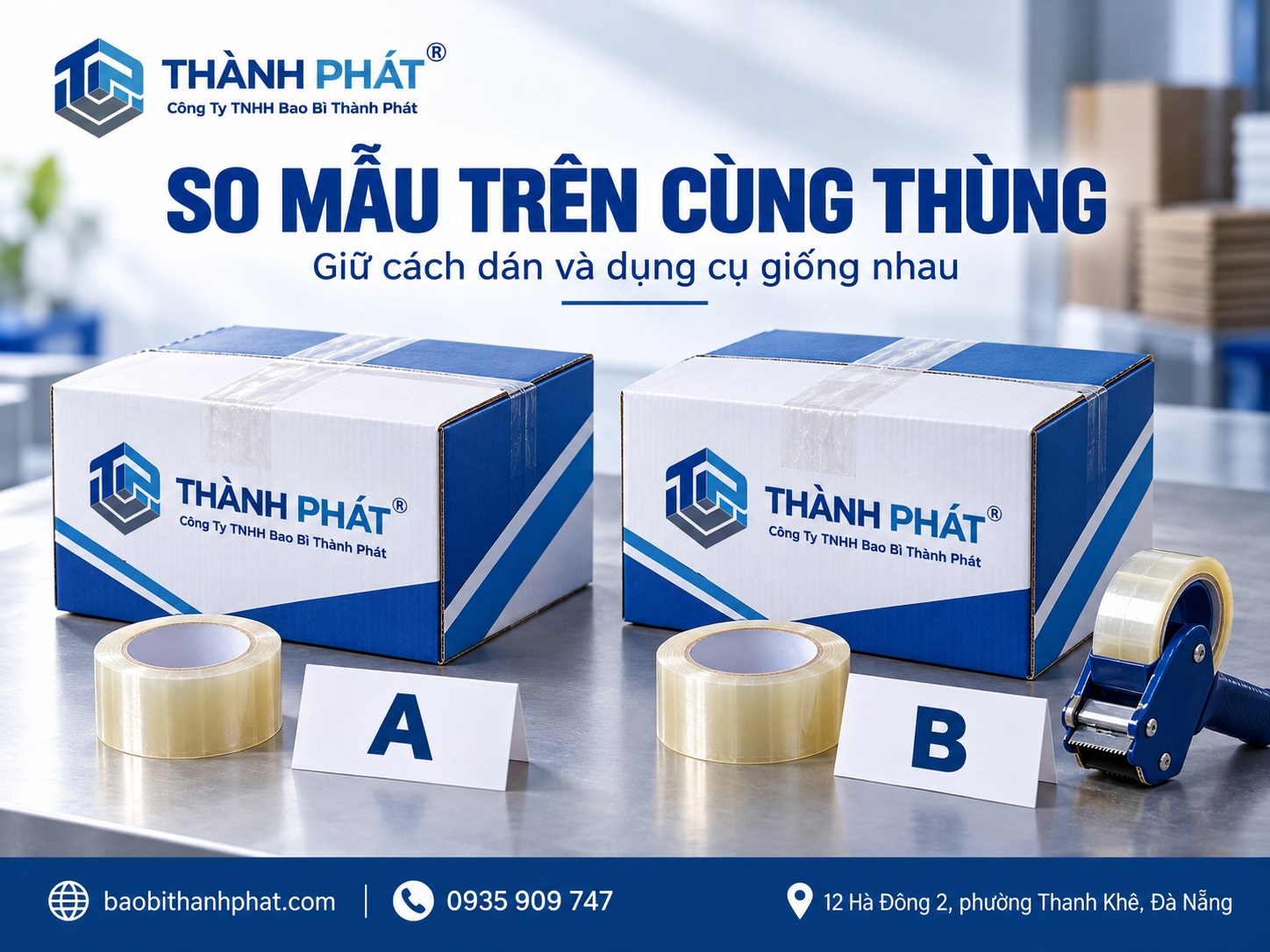 Hai thùng cùng kiểu dán băng, hai cuộn mẫu và thẻ A, B