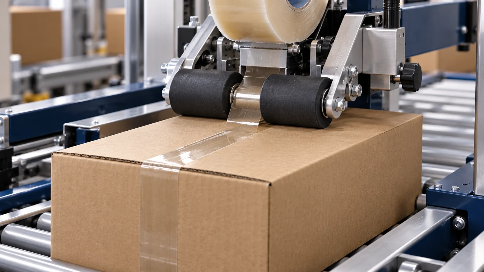 Đầu dán và con lăn miết băng keo trong lên đường ghép nắp thùng carton