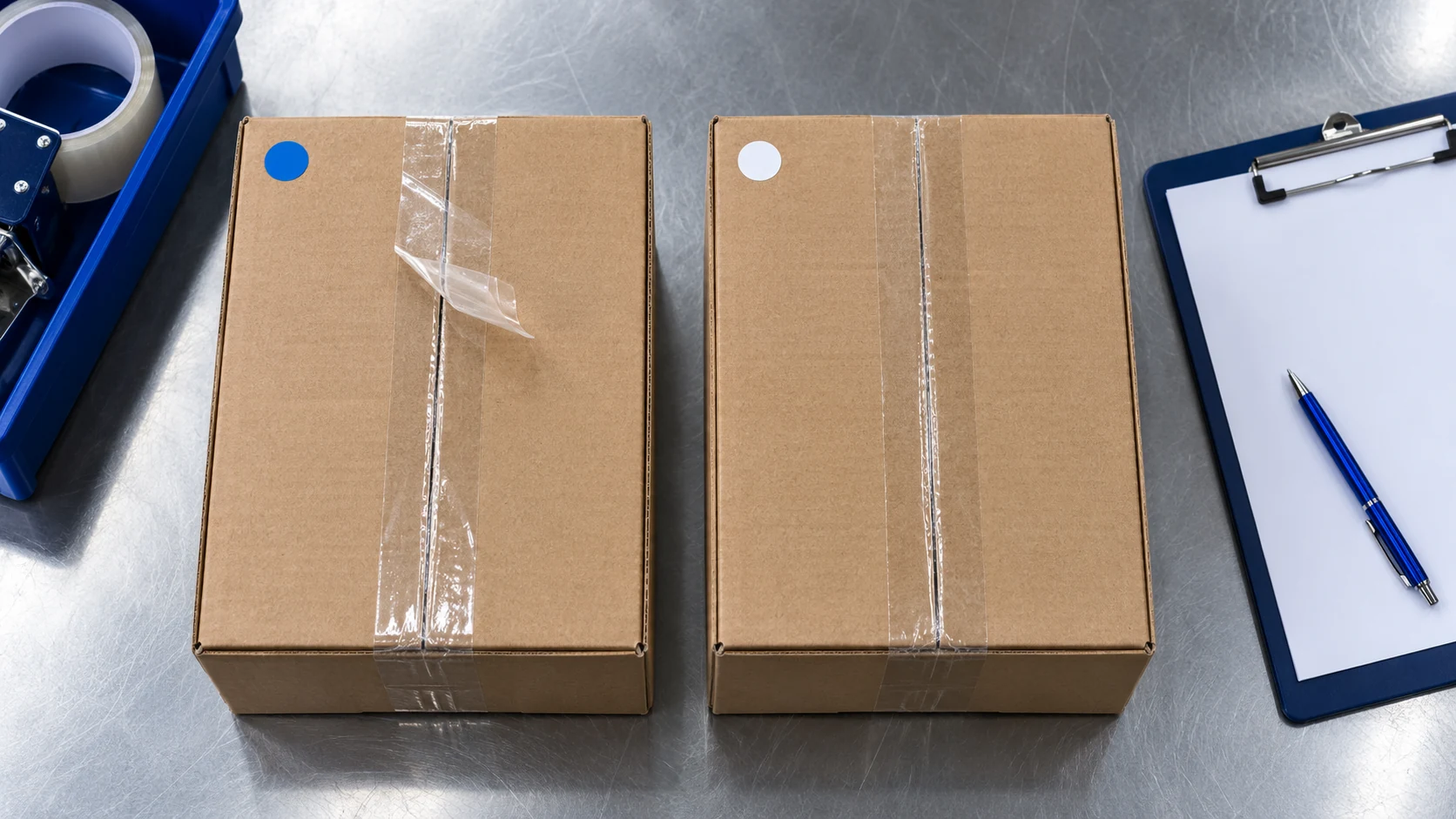 Hai mẫu thùng carton có đường băng keo khác tình trạng được đặt cạnh phiếu kiểm tra
