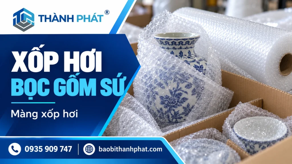 Bọc gốm sứ bằng xốp hơi: tách món, bảo vệ cạnh và chèn thùng — Bao Bì Thành Phát