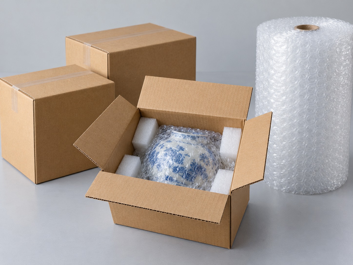 Xốp hơi Huế: 3 bước đóng gói cho shop 4 Kiện hàng mẫu có lớp xốp hơi và đệm giữ món cạnh hai thùng đã đóng