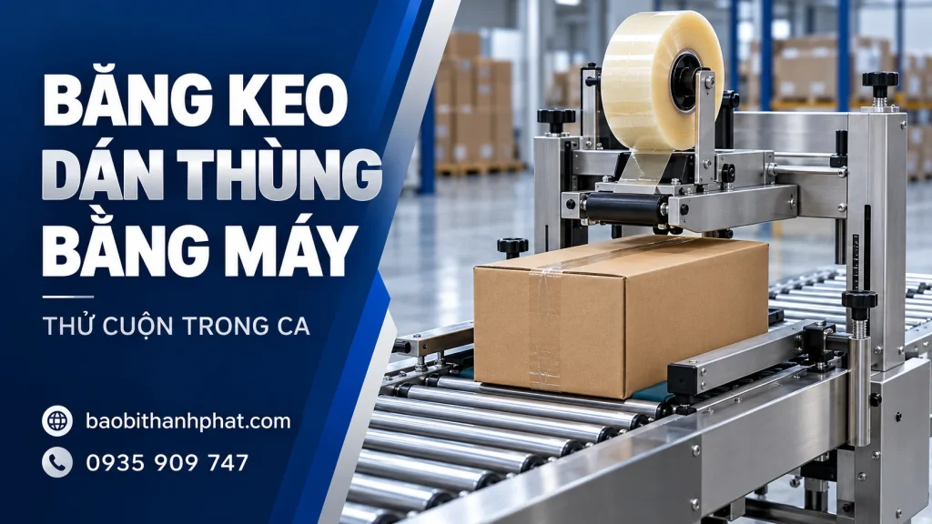 Máy dán băng keo thùng carton trên banner bài thử cuộn