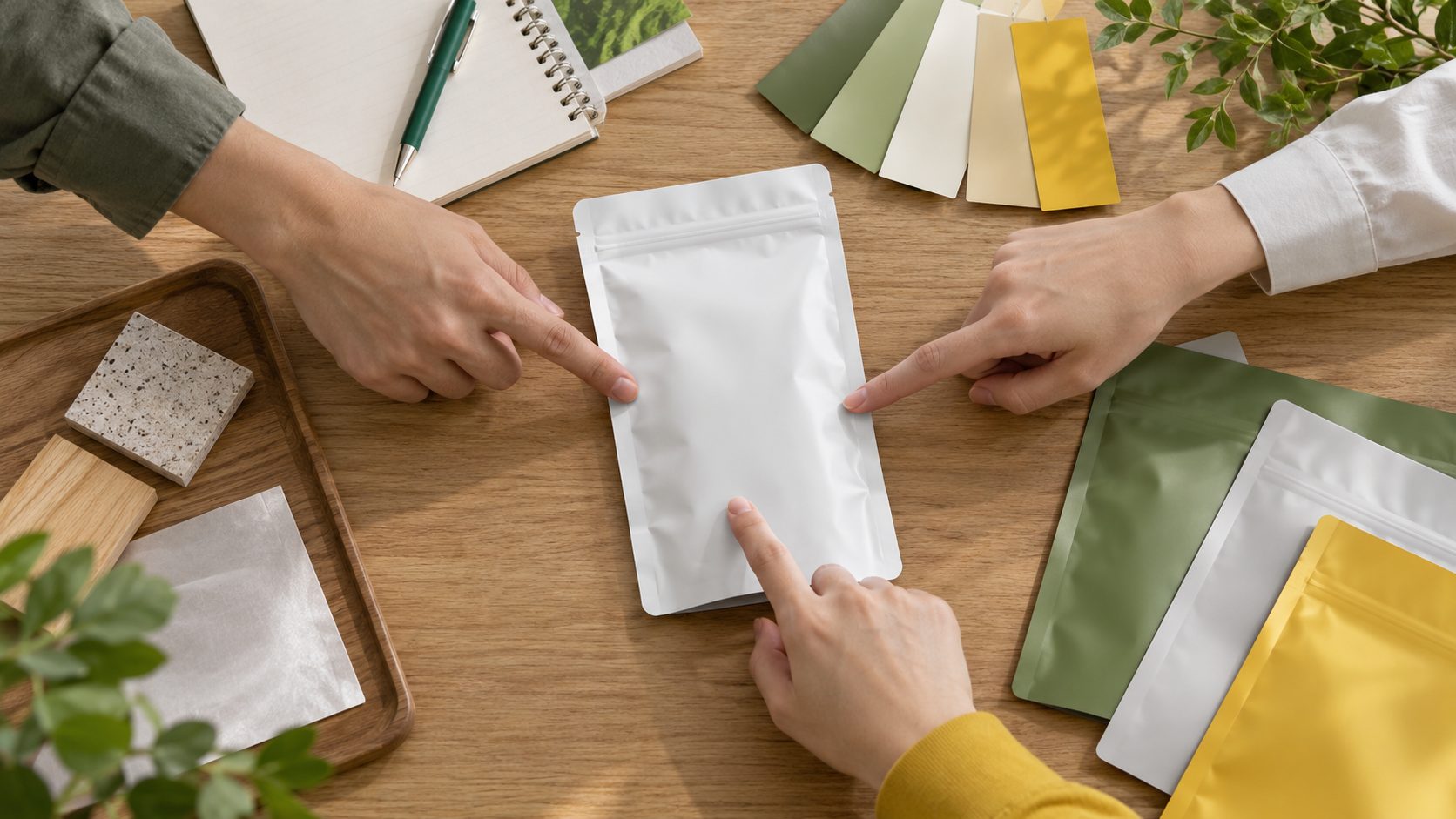 Các thành viên trao đổi quanh túi mẫu và hồ sơ bao bì