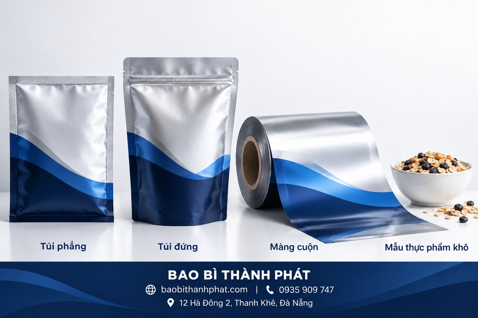 Minh họa túi phẳng, túi đứng và màng cuộn cho đồ khô