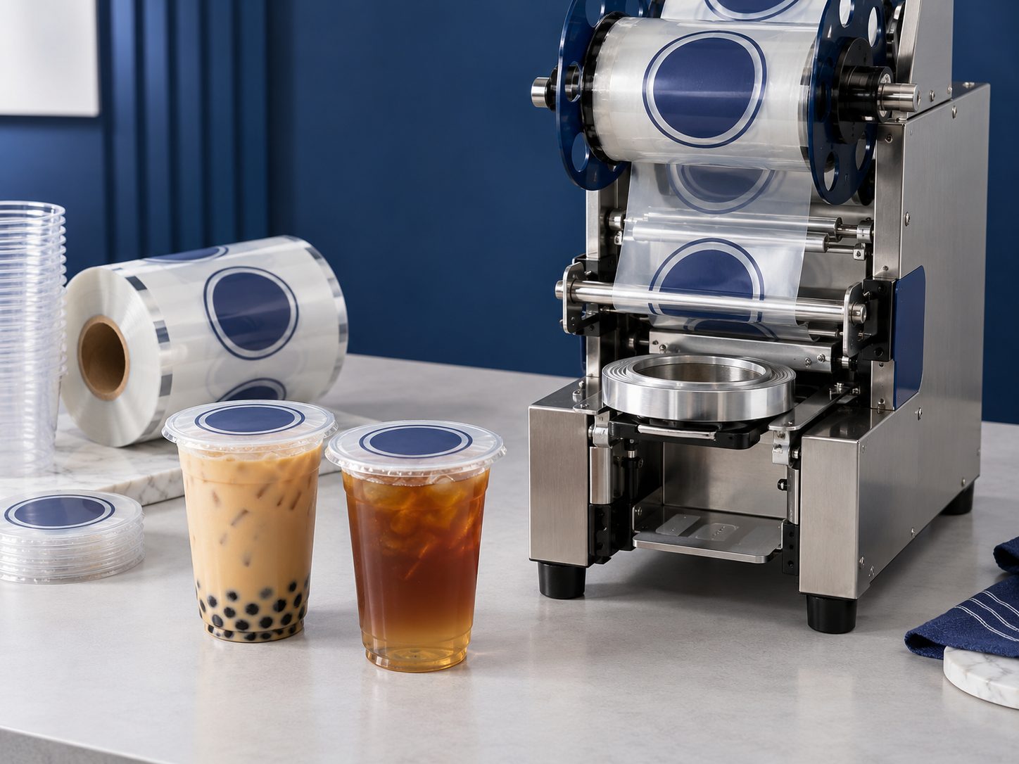 Máy ép miệng ly để bàn cùng hai ly đã ép màng trong một bố trí minh họa